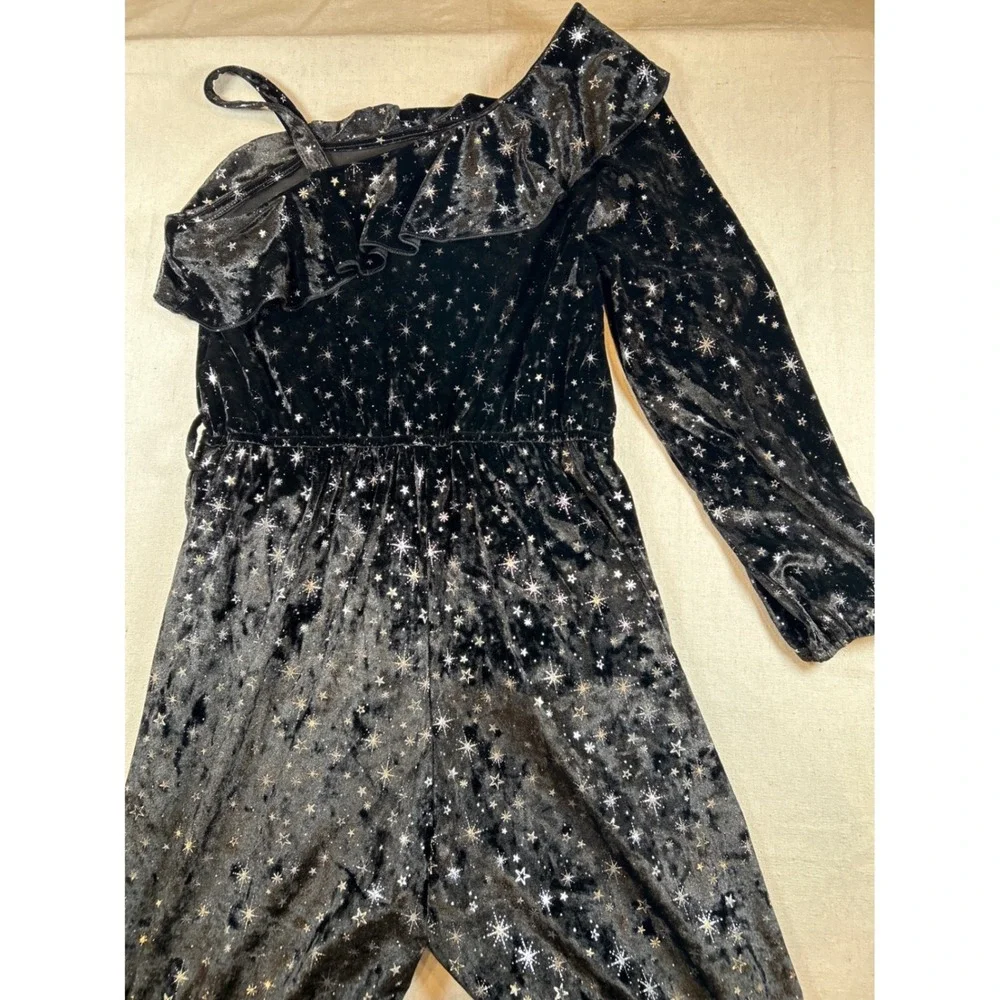 Justice Girls XL Plus Black Crushed Velvet Star Jumpsuit One Shoulder Wide Leg